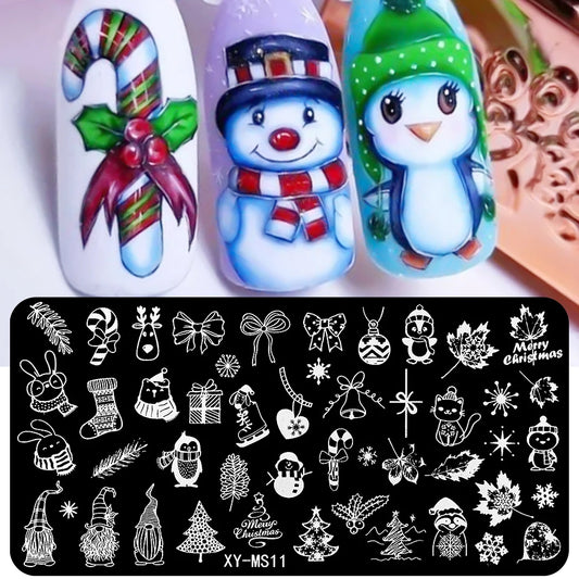 Cartoon Nail Stamping Plate Winter Cute Christmas Penguin Snowman Snowflake Leaf Nail Printing Stencil Templates Manicure Tools