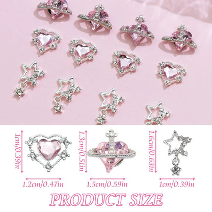 15PCS Nail Art Charms Crystal Heart Nail Charms Pink Shiny Planet Charms 3D Alloy Star Nail Charm Shiny Flatback Diamond Nail