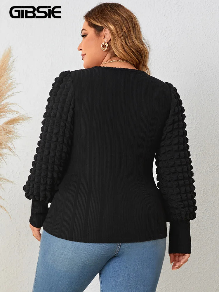 GIBSIE Plus Size Long Sleeve O-Neck Blouses for Women Fashion 2023 Spring Fall New Black Elegant Office Ladies Tops Blouse