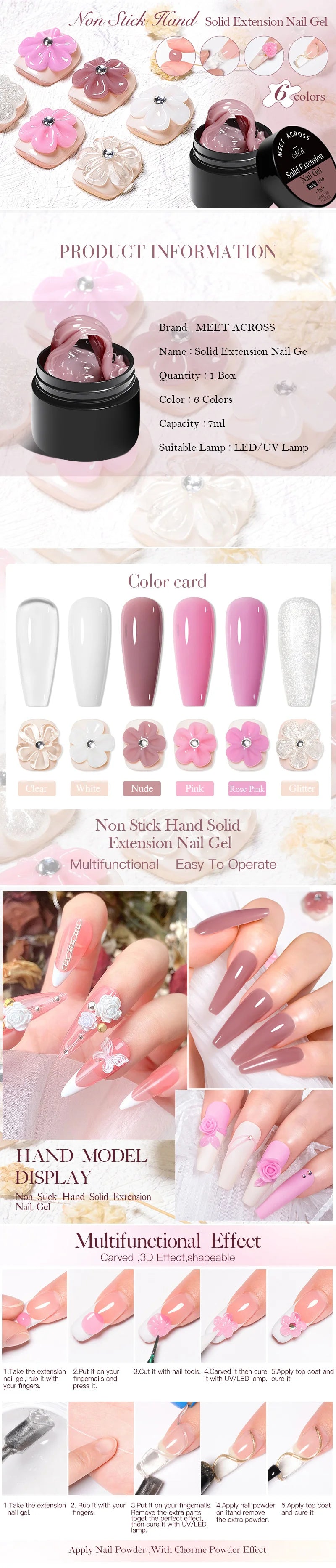 MEET ACROSS 7ml Clear Non Stick Hand Solid Extension Nail Gel Polish Carving Flower Nail Art Building UV Gel Acrylic Varnish