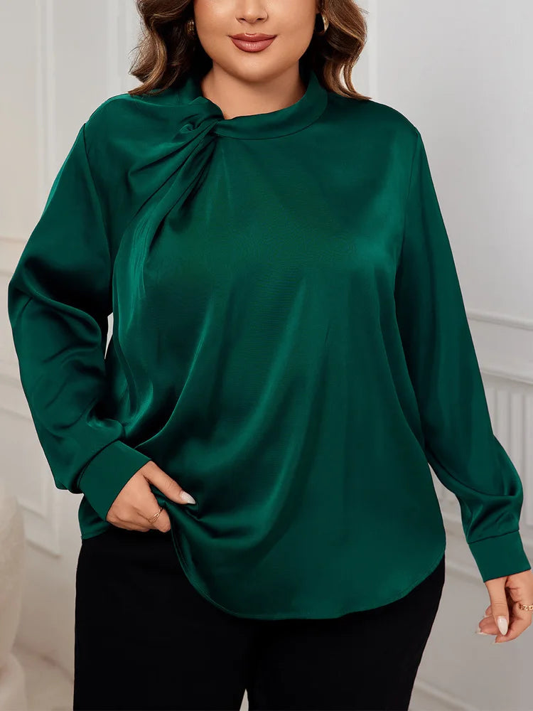 GIBSIE Plus Size Keyhole Long Sleeve Green Shirt Women Autumn New Solid Elegant Office Ladies Satin Tops And Blouses 2024