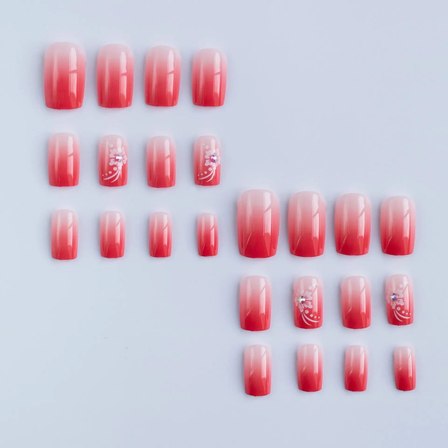 24Pc Short Square Press on Nails Rose Red Gradient False Nail with White Flower French Fake Nails Full Cover Acyrlic Nail Tips