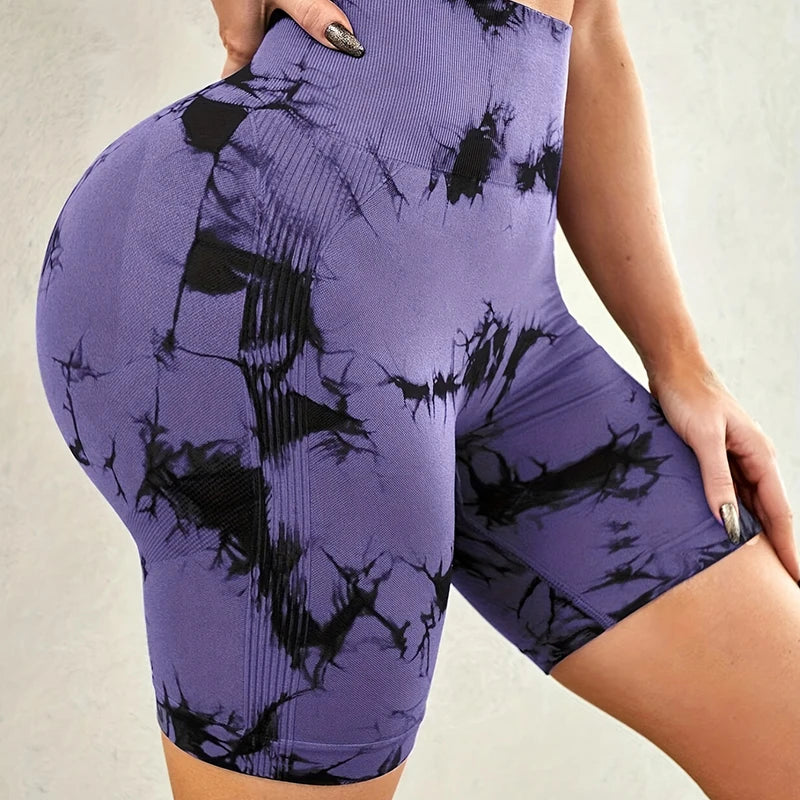 Women Outdoor Fitness Tie-dye Sports Shorts High Waist Yoga Pants