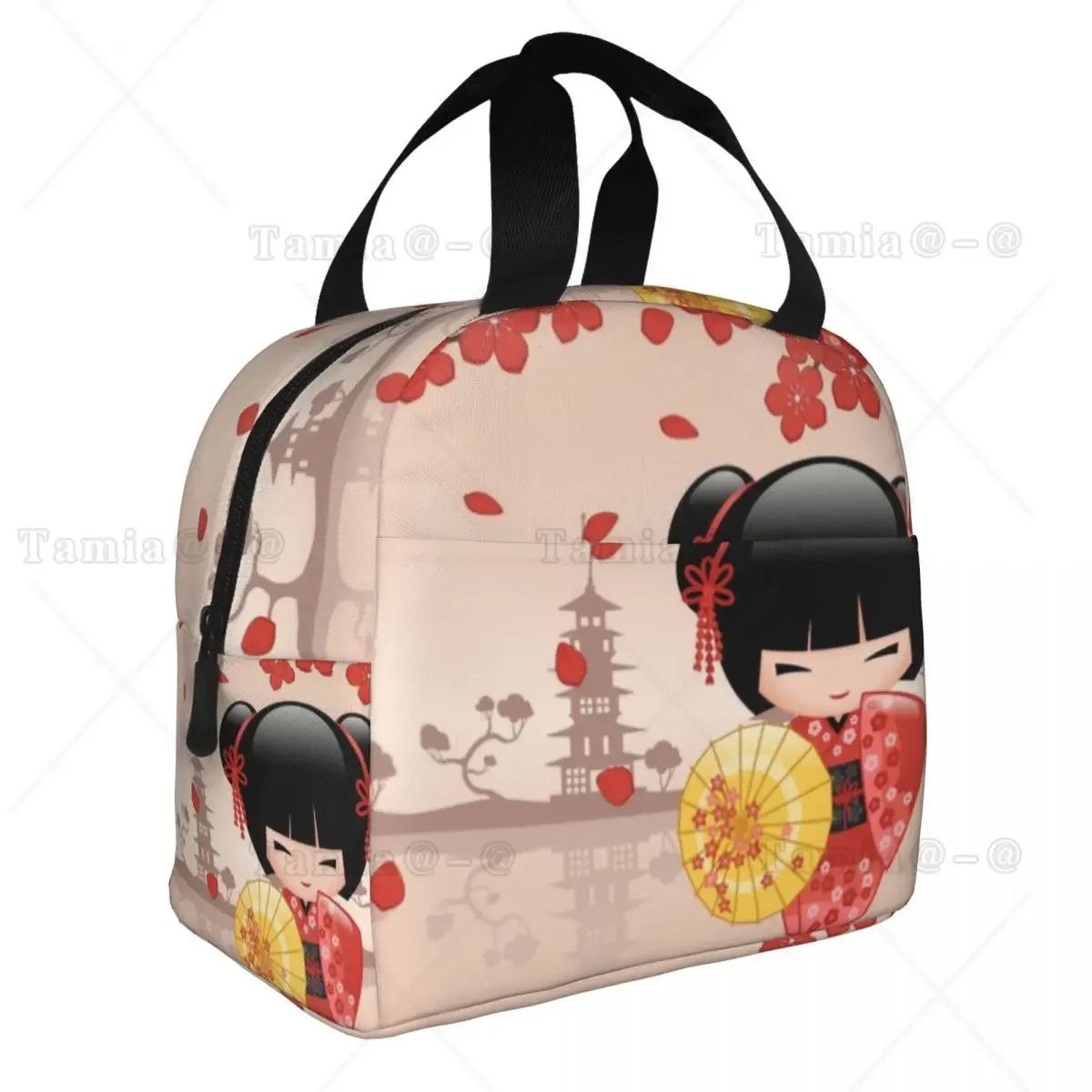 Japanese Red Sakura Kokeshi Doll Insulated Lunch Bag for Women Resuable Cute Girly Cherry Blossom Thermal Cooler Lunch Box