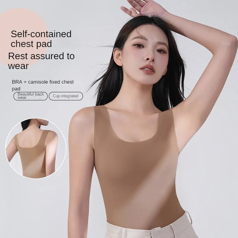 2PCS/Lot Silk Seamless Tank Top with Fixed Chest Pad Women's Camisole Top Sleeveless Inner Outerwear Camison Verano High Strecth