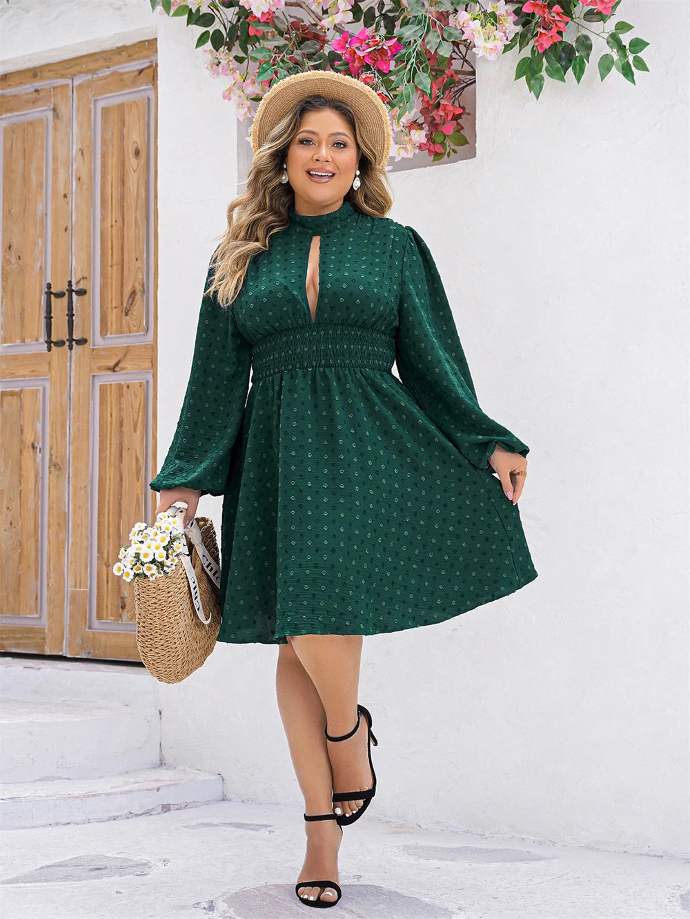 GIBSIE Plus Size Swiss Dot Cutout Mock Neck Dress Women 2024 Spring Summer Boho Long Sleeve Elastic Waist Short A-Line Dresses