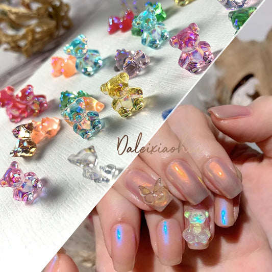 50pcs Mini Aurora Bear Nail Charm 3D 6mm Resin Cute Aurora Shiny Jelly Bear Nail Ornaments for DIY UV Gel Nails Manicure Tips