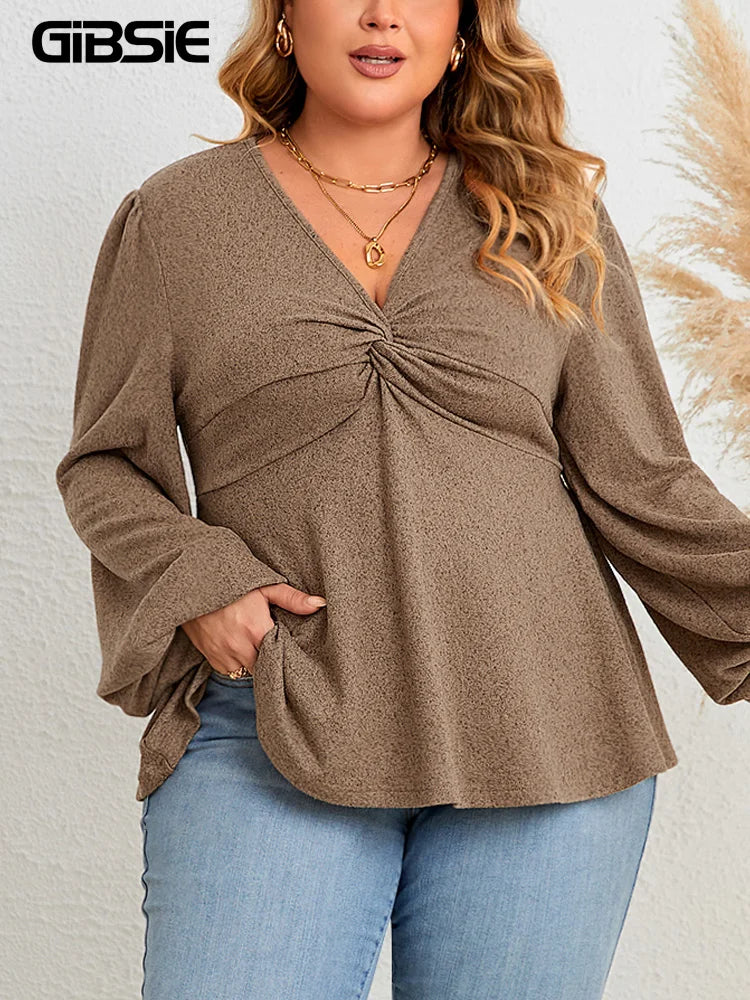 GIBSIE Plus Size Casual V Neck Twist Front Peplum Top Women Fashion 2023 Autumn New Vintage Full Lantern Sleeve Tunic Blouse