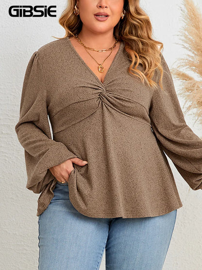 GIBSIE Plus Size Casual V Neck Twist Front Peplum Top Women Fashion 2023 Autumn New Vintage Full Lantern Sleeve Tunic Blouse