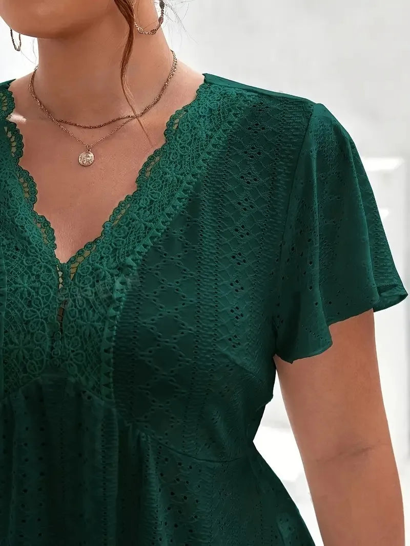 GIBSIE Plus Size Dark Green Contrast Lace V Neck Blouse Women Holiday Butterfly Sleeve Summer Casual OL Female Blouses Tops 2024