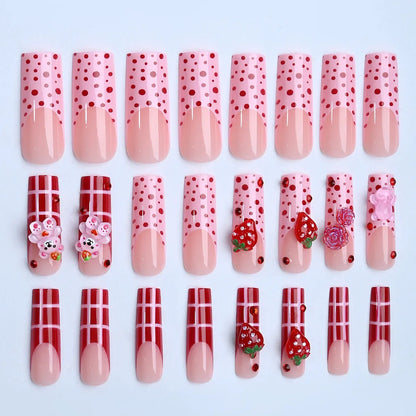 24PCS Sweet Long Strawberry Cute Bear False Nails Designs Fake Nails For Women Girls On Nail Art Embellishment Wearable Nails