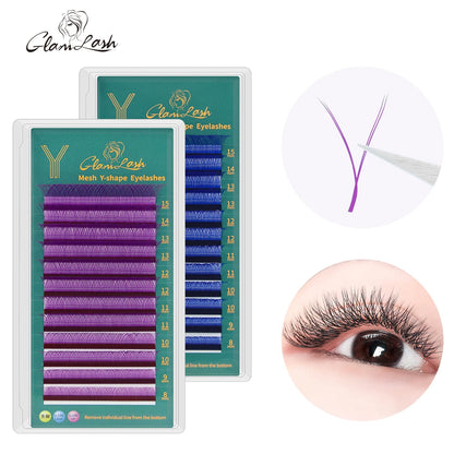 GLAMLASH YY Shape Eyelash Extensions Blue Purple Waved 2D Premade Volume Lashes Fluffy Natural