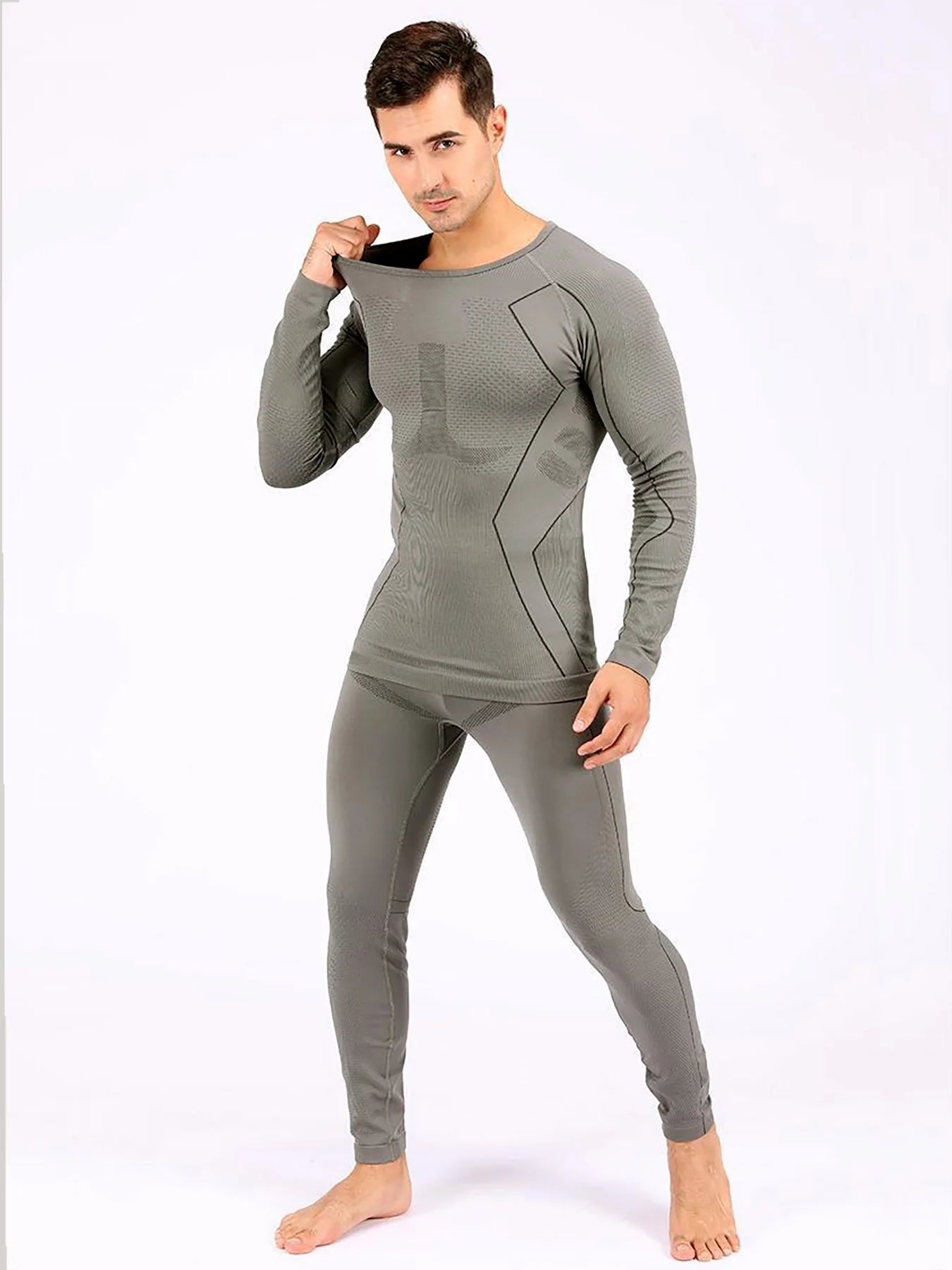 2 pieces of men's thermal underwear set, quick-drying long-sleeved top and comfortable high-elastic breathable tights, suitable