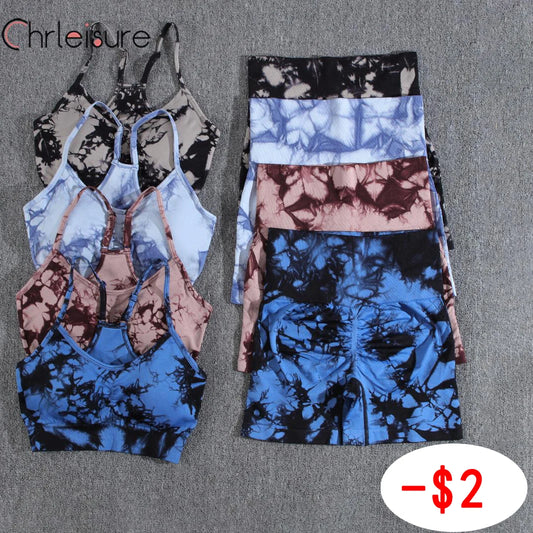 CHRLEISURE Yoga Shorts Set Tie Dye Women Seamless Summer Bra Set High Waist Fitness New Sportswear Printing Yoga Short Pants Set