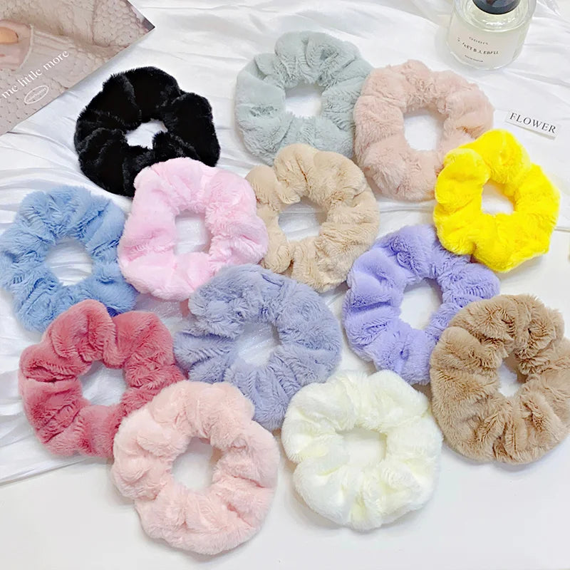 Solid Soft Plush Wide Hair Band For Women Girls Ponytail Holder Hair Tie Fluffy Rubber Band Scrunchie Fashion Hair Accessories