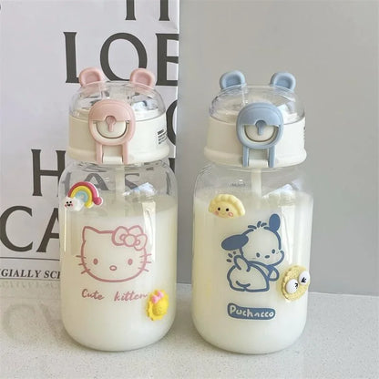 500ML Sanrio Hello Kitty Pochacco Transparent Straw Cup Anime Cartoon Kuromi Cinnamoroll For Kid Kawaii Bottle Water Cup Gifts