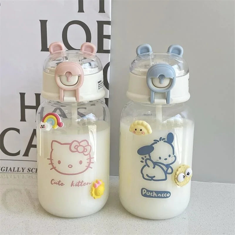 500ML Sanrio Hello Kitty Pochacco Transparent Straw Cup Anime Cartoon Kuromi Cinnamoroll For Kid Kawaii Bottle Water Cup Gifts