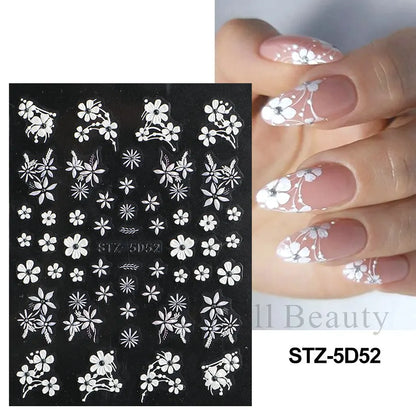 5D Pink Embossed Flowers Nail Sticker White Acrylic Lace Butterfly Adhesive Sliders Elegant Nail Art Decorations LASTZ-5D53