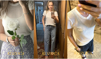 Kozoca 100% Wool Chic White Elegant Striped See Through Women Tops Outfits Short Sleeve T-Shirts Tees Skinny Club Party Clothes