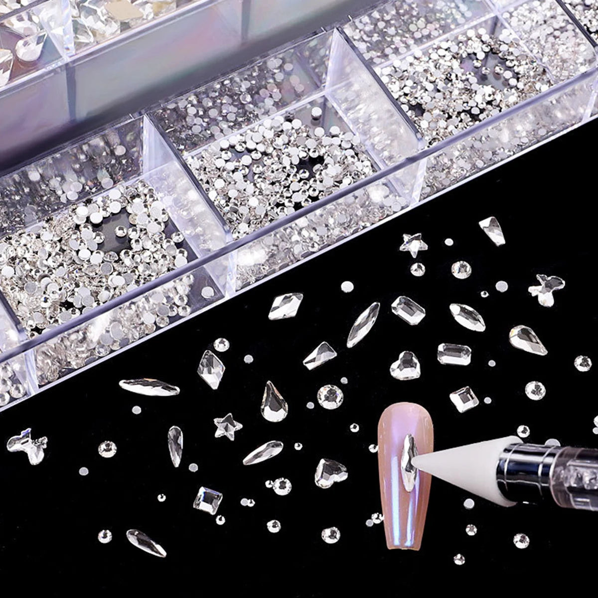 21 grid rhinestone box mixed nail diamond Flat glass shaped diamond DIY nail rhinestone nail jewelry set