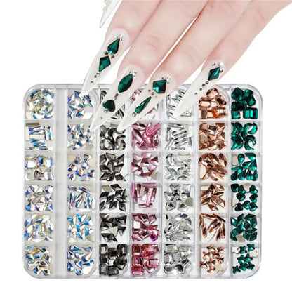 12Grids/Box Crystal Nail Art Rhinestones Glass SS4-SS16 Nail Stones Shiny Flatback 3D Nail Art Decoration