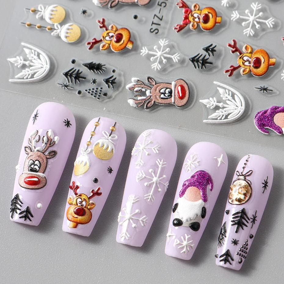 5D Christmas Nail Stickers Cartoon Elk Santa Claus Snowflakes New Year Sliders Festive Embossed Nail Art Decals Decoration