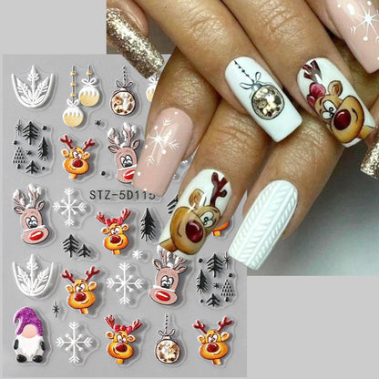 5D Christmas Nail Stickers Cartoon Elk Santa Claus Snowflakes New Year Sliders Festive Embossed Nail Art Decals Decoration