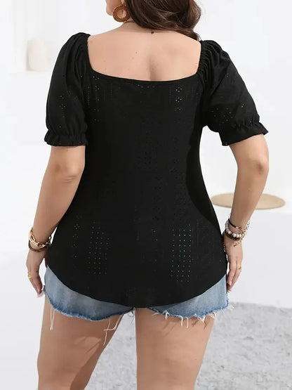 GIBSIE Plus Size Sweetheart Neck Knot Front Women Blouse Summer Puff Short Sleeve Sweet Casual Black Tops and Blouses 2024 New