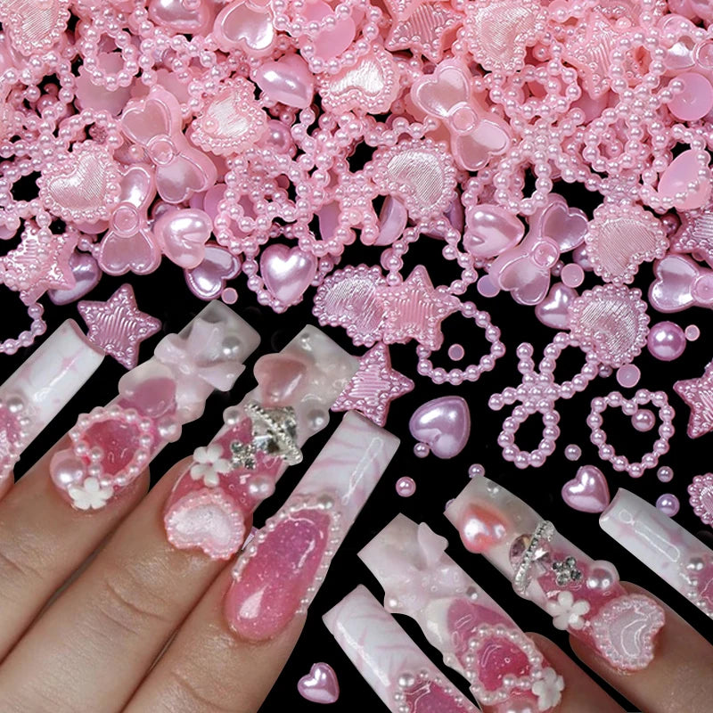 50/100/200Pcs Pearl Pink Bowknot Heart Shaped Nail Charms For Art Flatback 3D Flower Beads DIY Nail Decorations Bulk Accessories