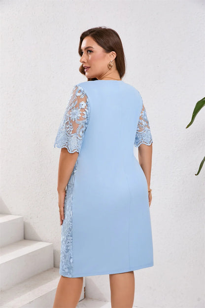 GIBSIE Plus Size Embroidered Lace Half Sleeve O-Neck Dress Women's Summer Autumn Cocktail Party Elegant Bodycon Midi Dresses