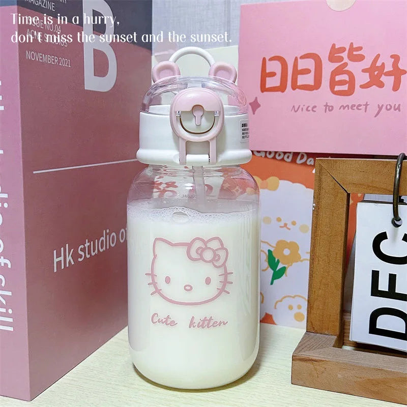 500ML Sanrio Hello Kitty Pochacco Transparent Straw Cup Anime Cartoon Kuromi Cinnamoroll For Kid Kawaii Bottle Water Cup Gifts