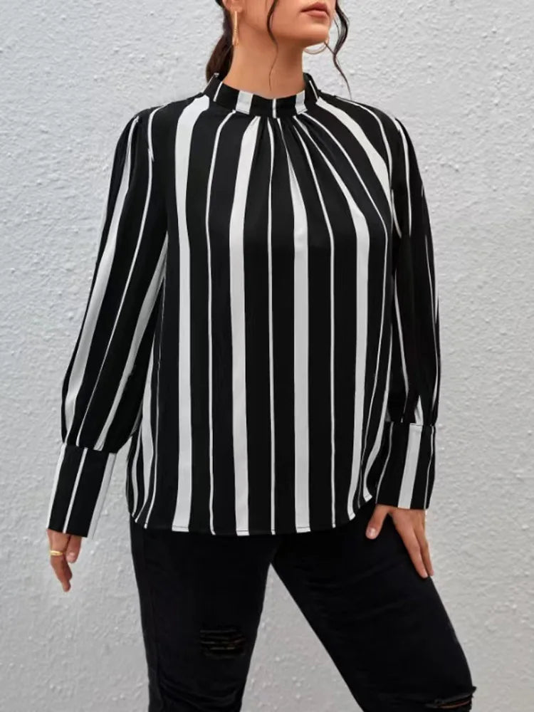 GIBSIE Plus Size Black And White Striped Shirt Tops Women Spring Autumn Stand Collar Long Sleeve Office Ladies Casual Blouses