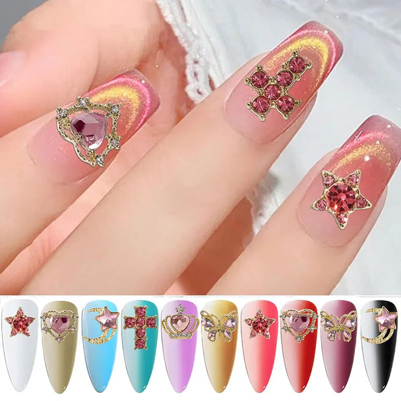 30Pcs Pink Nail Charms Alloy Rhinestones 3D Star Butterfly Heart Cross Gem Nails Crystal Diamond Nail Art Decoration Accessories