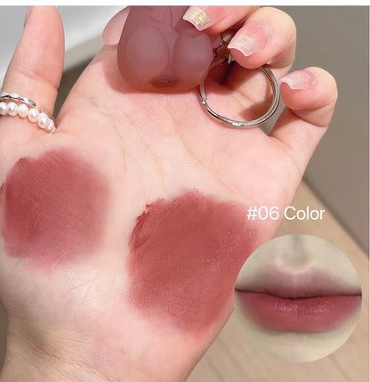 Cute Bear Keychain Lip Mud Matte Velvet Mousse Grey Pink Lipstick Waterproof Long Lasting Non-Stick Cup LipGloss Korean Cosmetic