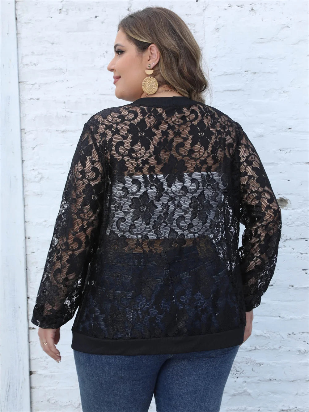 GIBSIE Plus Size Black Long Sleeve Lace Top Women Blouses Sexy See Through Mesh Open Front Spring Fall Casual Cardigan Outwear