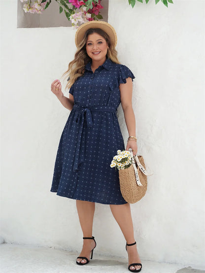 GIBSIE Plus Size Swiss Dot Butterfly Sleeve Belted Shirt Dresses For Women Lapel Neck Casual Midi A-line Boho Summer Dress 2024