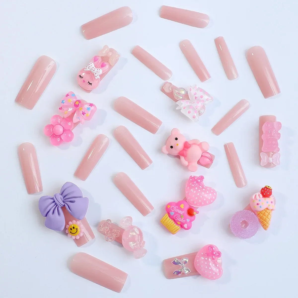 24PCS Sweet Long Strawberry Cute Bear False Nails Designs Fake Nails For Women Girls On Nail Art Embellishment Wearable Nails