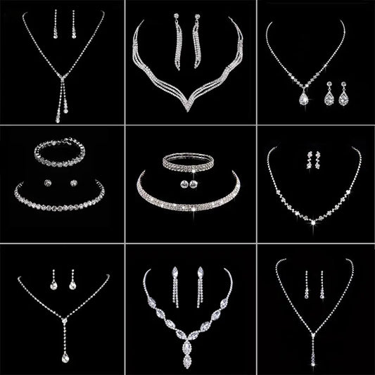 Luxury Crystal Bride Jewelry Set Rhinestone Wedding Dress Banquet Zircon Chain Necklace Dangle Earring Sets Ladies Accessories