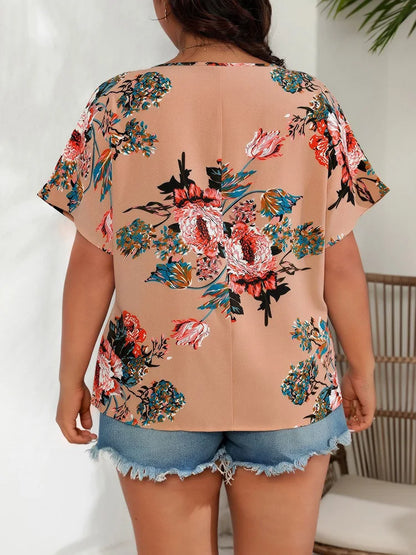 GIBSIE Plus Size Floral Print Holiday Boho Tops Women's Fashion 2024 Summer Short Sleeve Female Casual Loose O-Neck Blouses