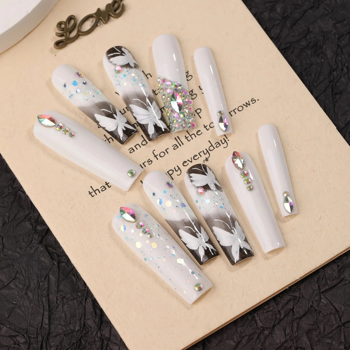 10Pcs White Y2K False Nails Butterfly Super Long Coffin Press on Nails Rhinestone Wearable Fake Nails Party Drama Finger Nail