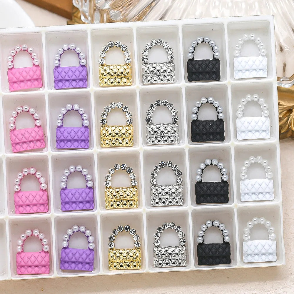 10PCS 3D Alloy Handbag Nail Art Charms Rhinestones Pearl Bag Jewelry Parts Accessories For Manicure Nails Decoration Supplies