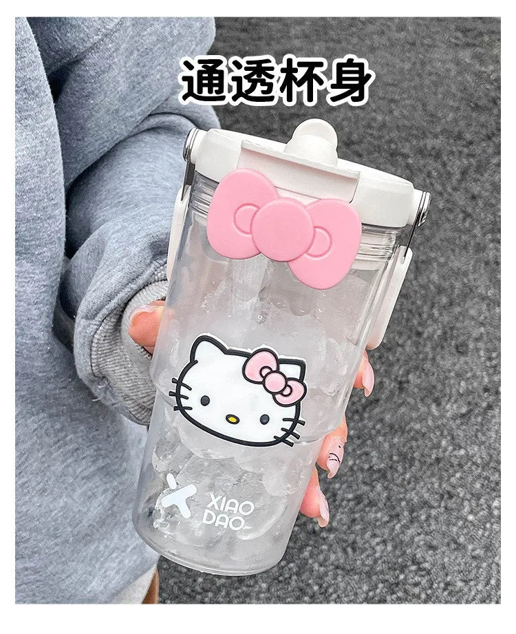 600-900ML Sanrio Large Capacity Plastic Water Cup Hello Kitty Portable Beverage Bottle Outdoor Fitness Sports Straw Cup