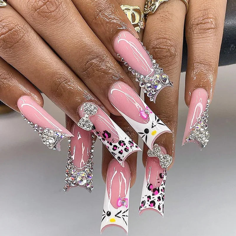 24pcs Long Press on Nails HelloKitty Design with Rhinestones Acyrlic False Nails Coffin White French Wearable Fake Nail Tips Art