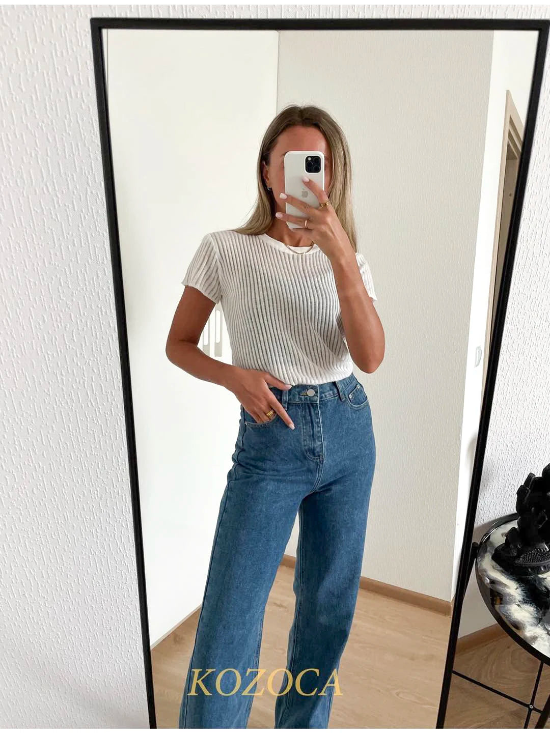 Kozoca 100% Wool Chic White Elegant Striped See Through Women Tops Outfits Short Sleeve T-Shirts Tees Skinny Club Party Clothes