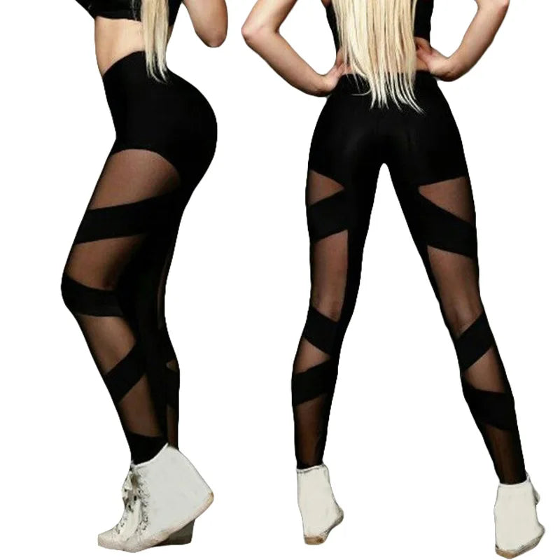 High Waist Women Leggings Mesh Stitching Cross Sports Pants Sexy See-Through Mesh Yoga Pants High Elastic dance Nightclub pants