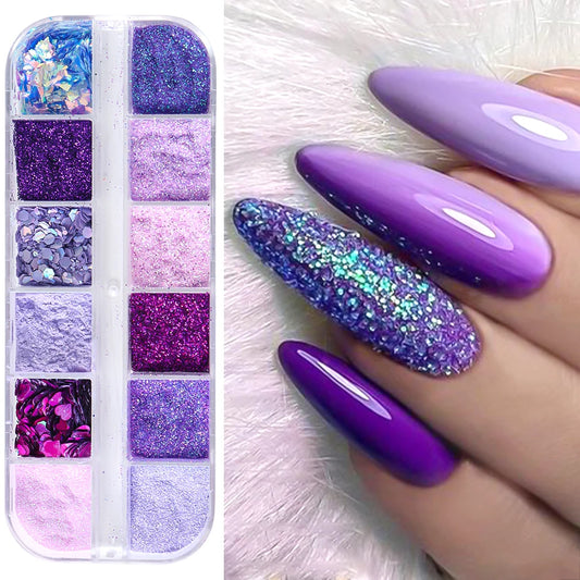 12 Grids Purple Nail Glitter Holographic Fine Sugar Nail Powder Mixed Heart Hexagon Paillette Nail Flakes Shiny Manicure Decor