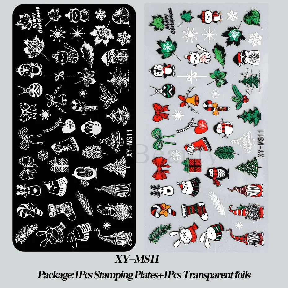 Cartoon Nail Stamping Plate Winter Cute Christmas Penguin Snowman Snowflake Leaf Nail Printing Stencil Templates Manicure Tools