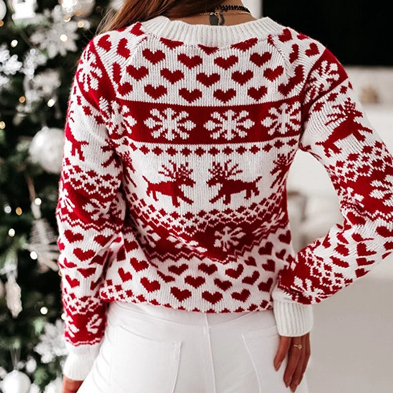 Xmas Look 2024 Women Christmas Sweater Print Jacquard Knitted Jumper Full Sleeve O Neck Warm Soft Pullover Tops Female Knitwear