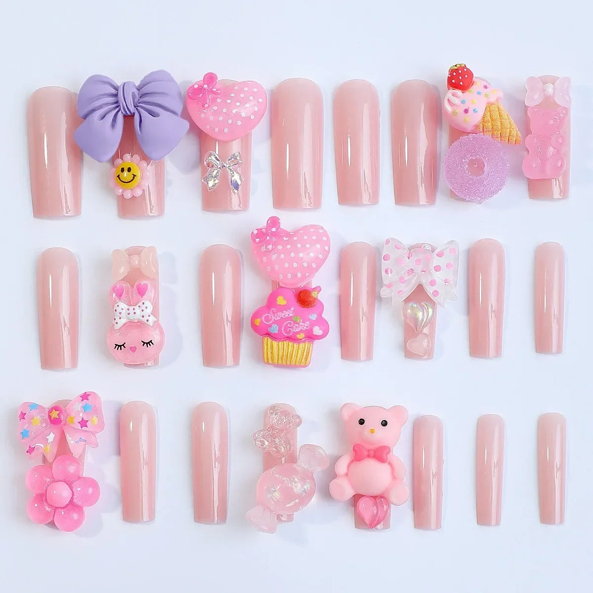 24PCS Sweet Long Strawberry Cute Bear False Nails Designs Fake Nails For Women Girls On Nail Art Embellishment Wearable Nails