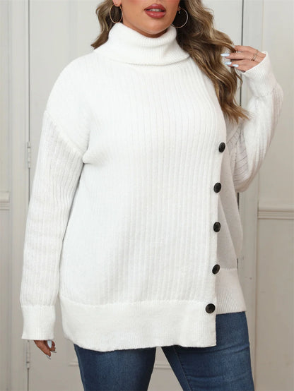 GIBSIE Plus Size Women's Turtleneck Sweater Autumn Winter Drop Shoulder Button Casual Warm Pullover Female White Knitted Jumper